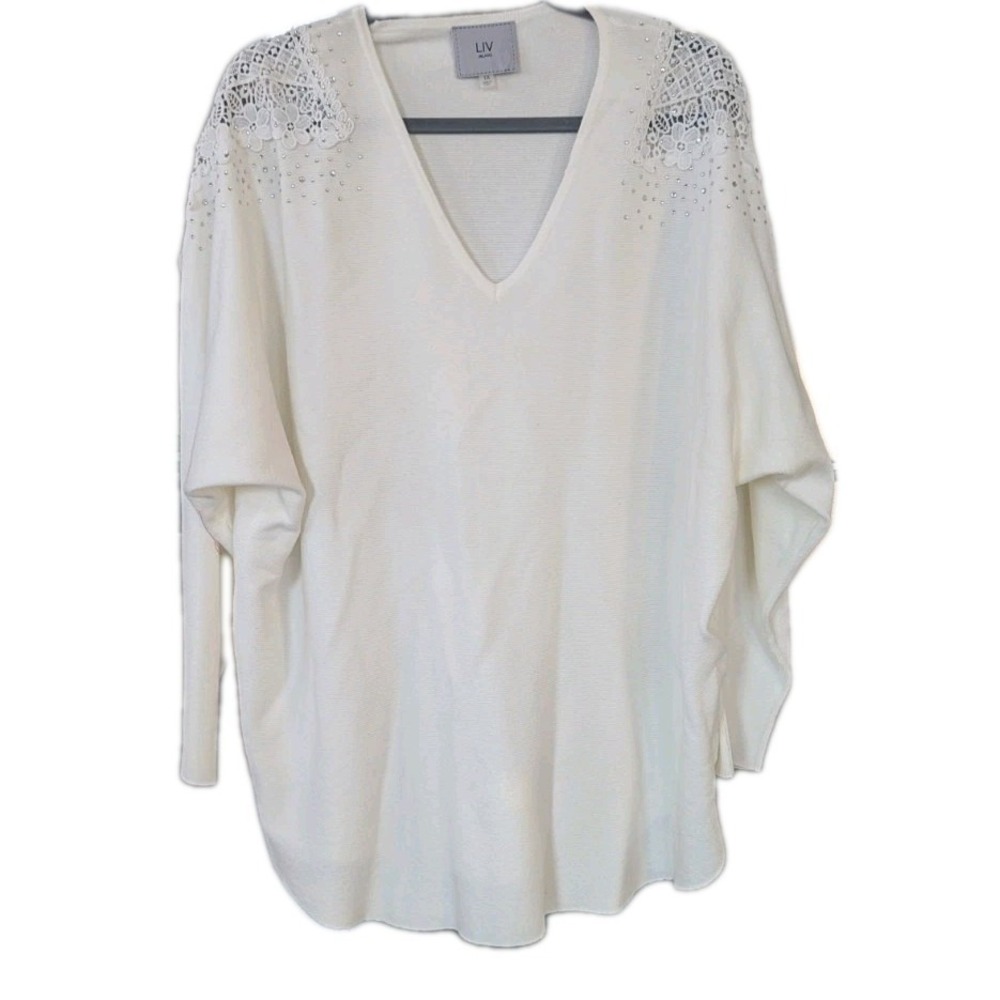 LIV Milano Women 1X Sweater White Lace Rhinestone V-Neck Dolman Knit Top